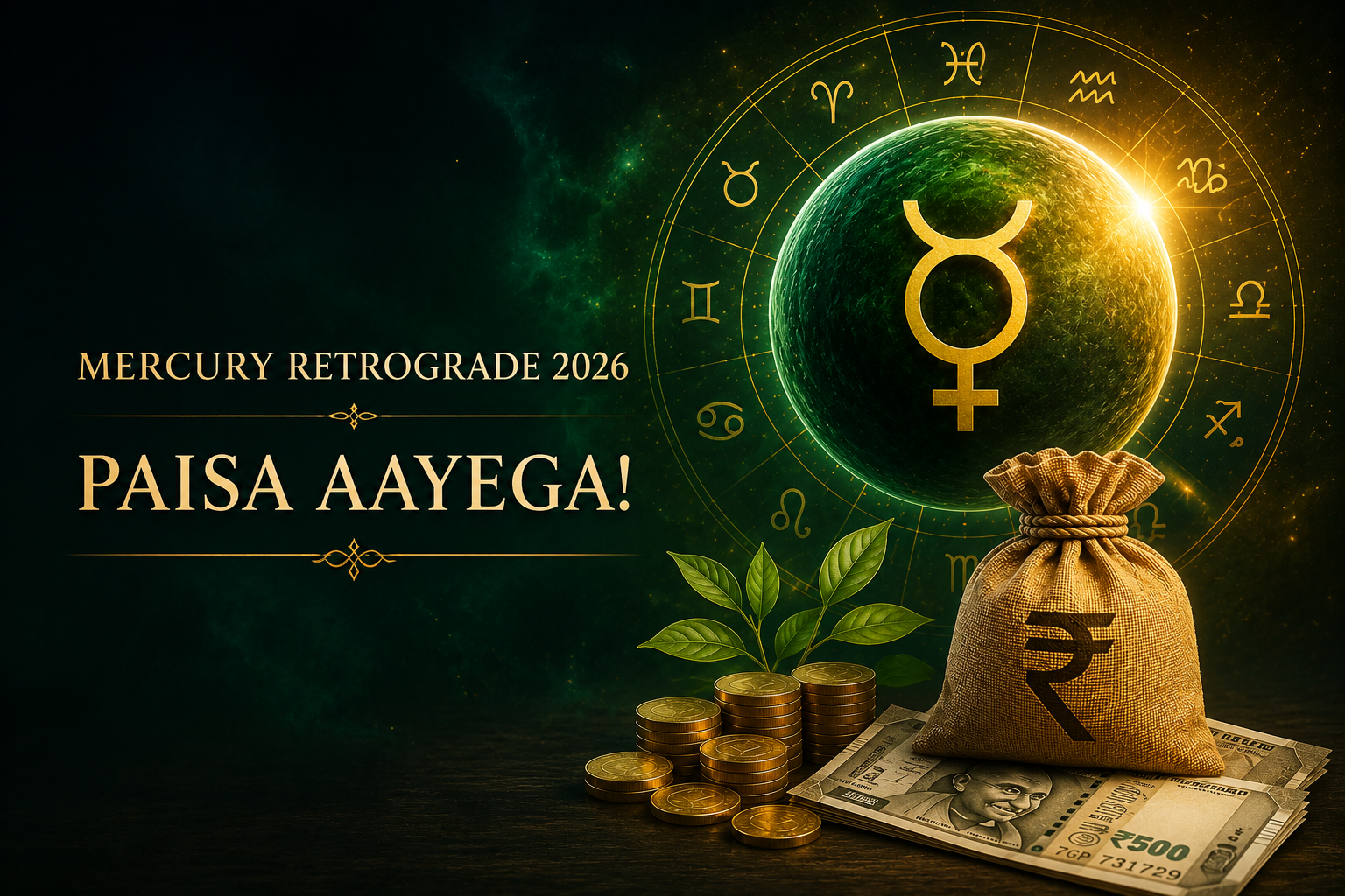 Mercury Retrograde 2026 illustration featuring a glowing Mercury planet, zodiac wheel, rupee money bag, coins, and currency notes symbolizing financial gains and wealth recovery.